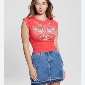 Guess Coral,Orange Tropical Motif Gathered Short Sleeve Shirt